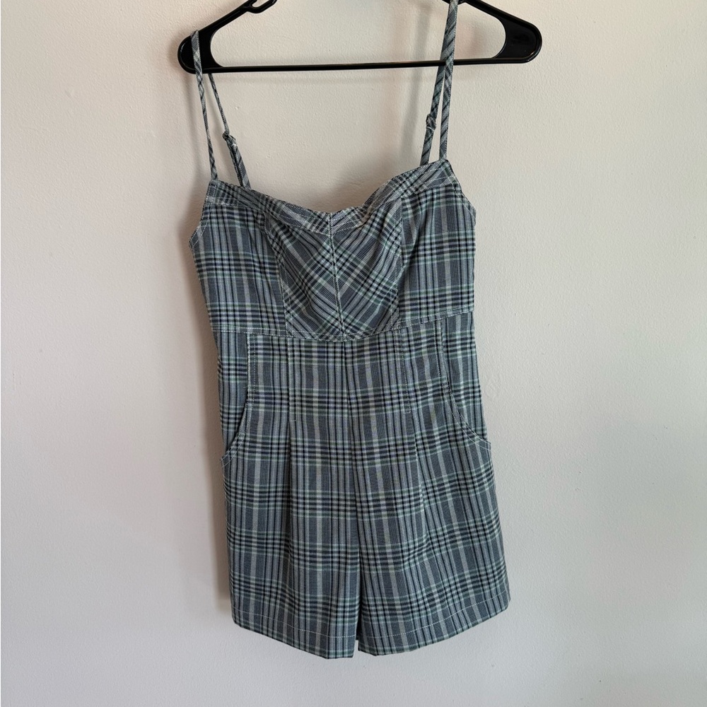 Urban Outfitters Plaid Lace Up Back Romper Blue Green OB1205617 Mens Size S